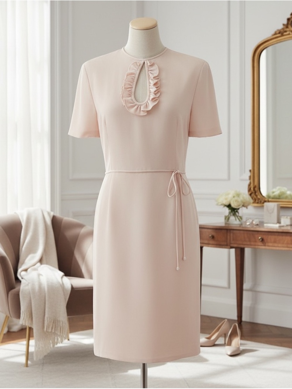 Vintage Carolina Herrera Pink Silk Ruffle Short Sleeve Shift Dress - Size Small